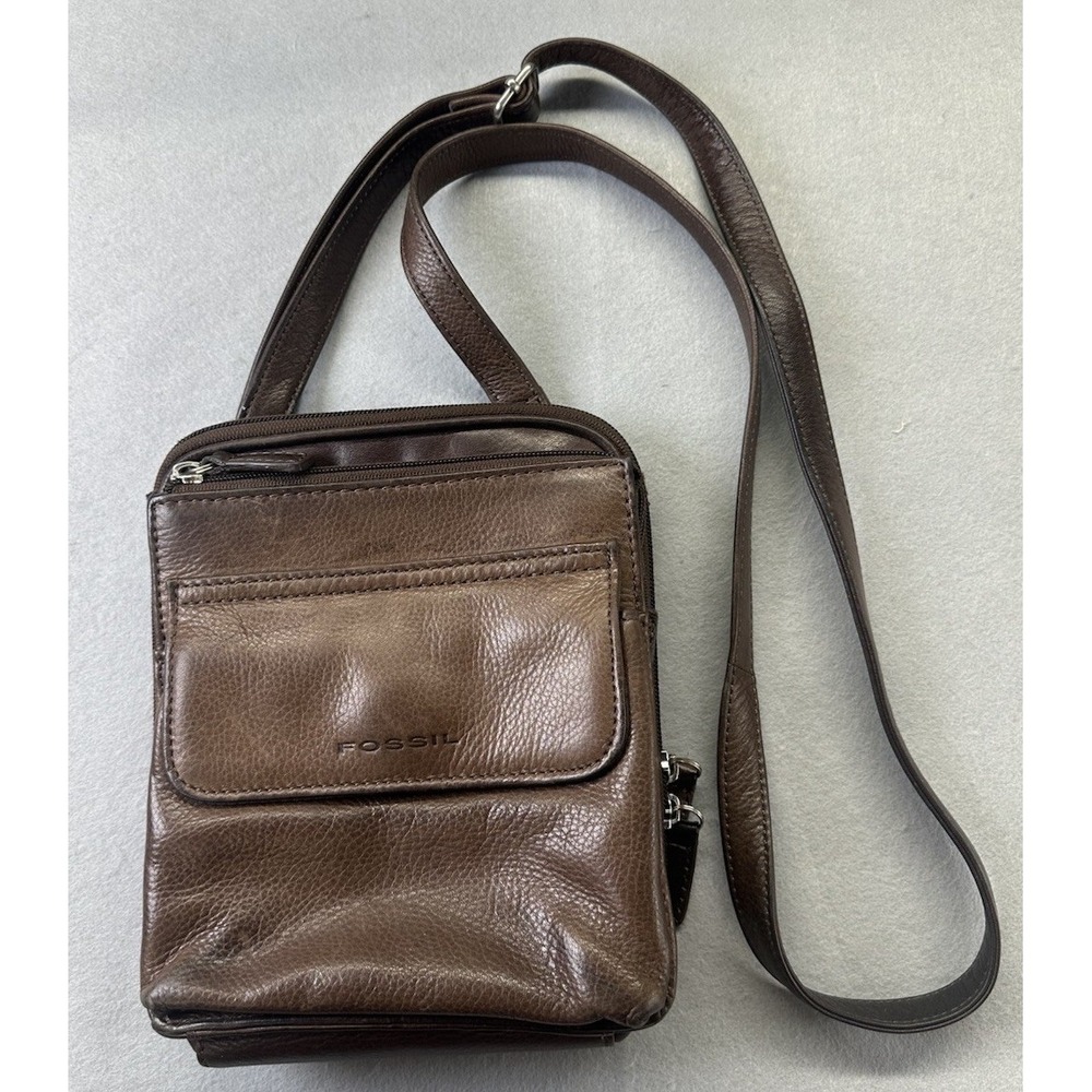 Fossil Mini Crossbody Shoulder Bag Vintage Leather Brown  Zipper Pockets